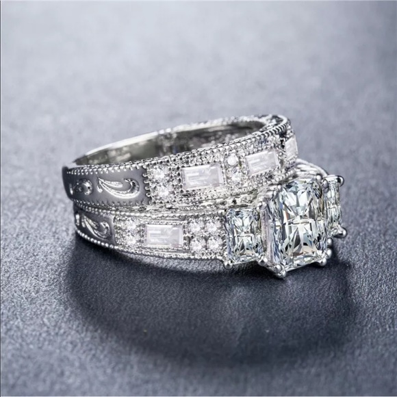 New 925 Silver 2pcs Set Emerald Cut Zircon Ring - Picture 3 of 5